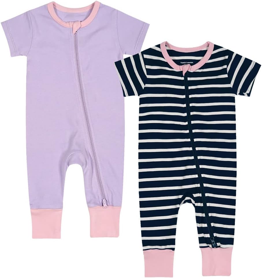 Teach Leanbh Toddler Baby Boys Girls 2-Pack Pajamas Cotton 2 Way Zipper Short Sleeve Footless