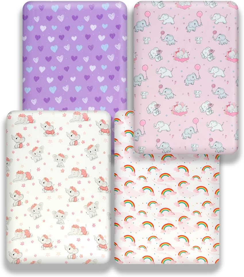 4 Pack Baby Girl Crib Sheets Set Soft Fitted Floral or Elephant Theme Baby Girl Mattress Covers