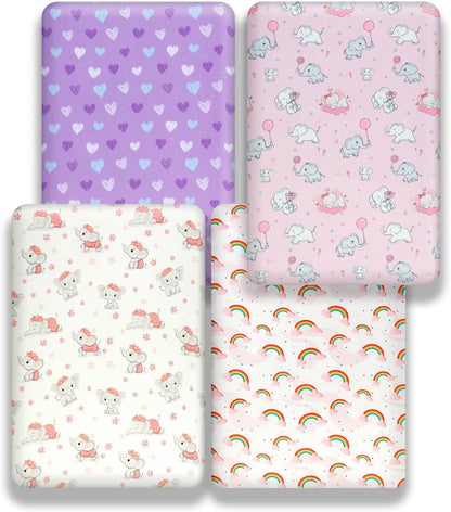 4 Pack Baby Girl Crib Sheets Set Soft Fitted Floral or Elephant Theme Baby Girl Mattress Covers