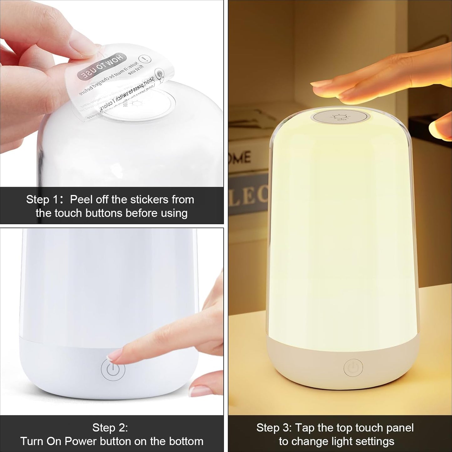 FRIDEKO HOME RGB Touch Bedside Lamp for Nightstand, 3 Color Temperatures Portable Rechargeable