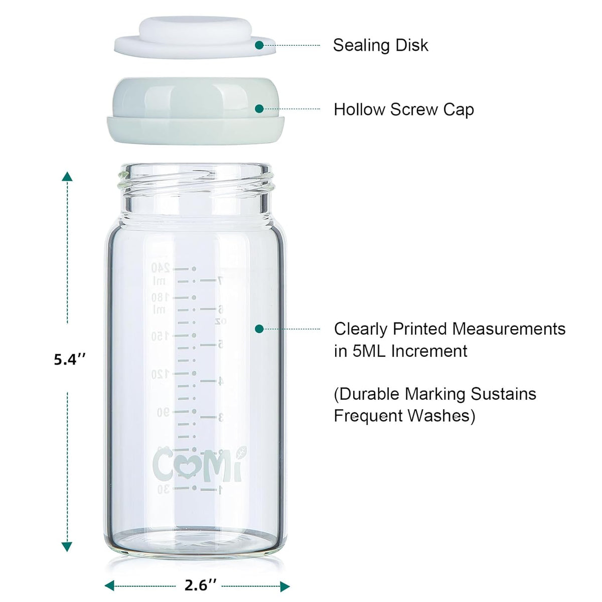 COMI Wide Neck Glass Breastmilk Collection n Storage Bottle, 6 Packs, 8oz with Screw Ring Sealing