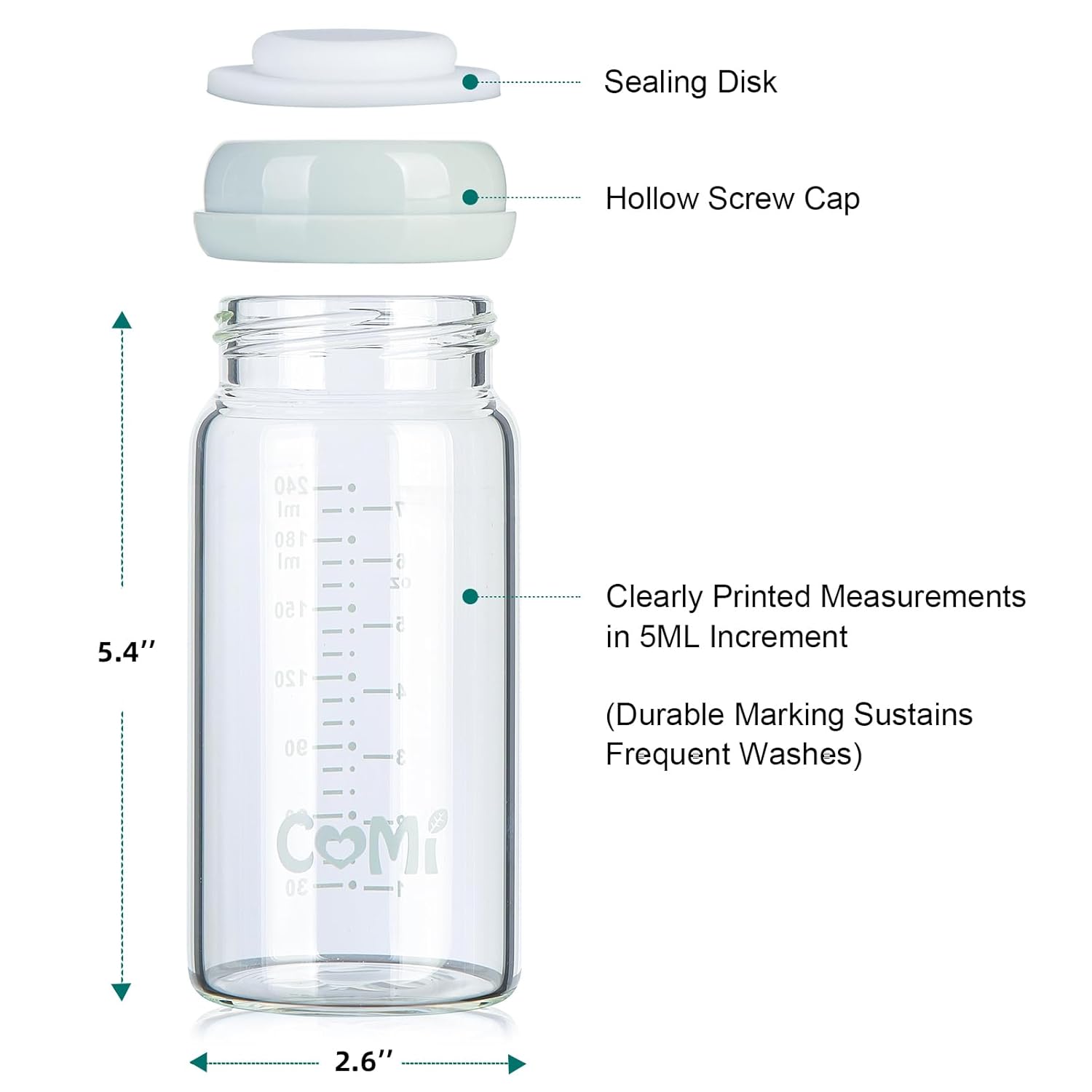 COMI Wide Neck Glass Breastmilk Collection n Storage Bottle, 4 Packs, 8oz with Screw Ring Sealing