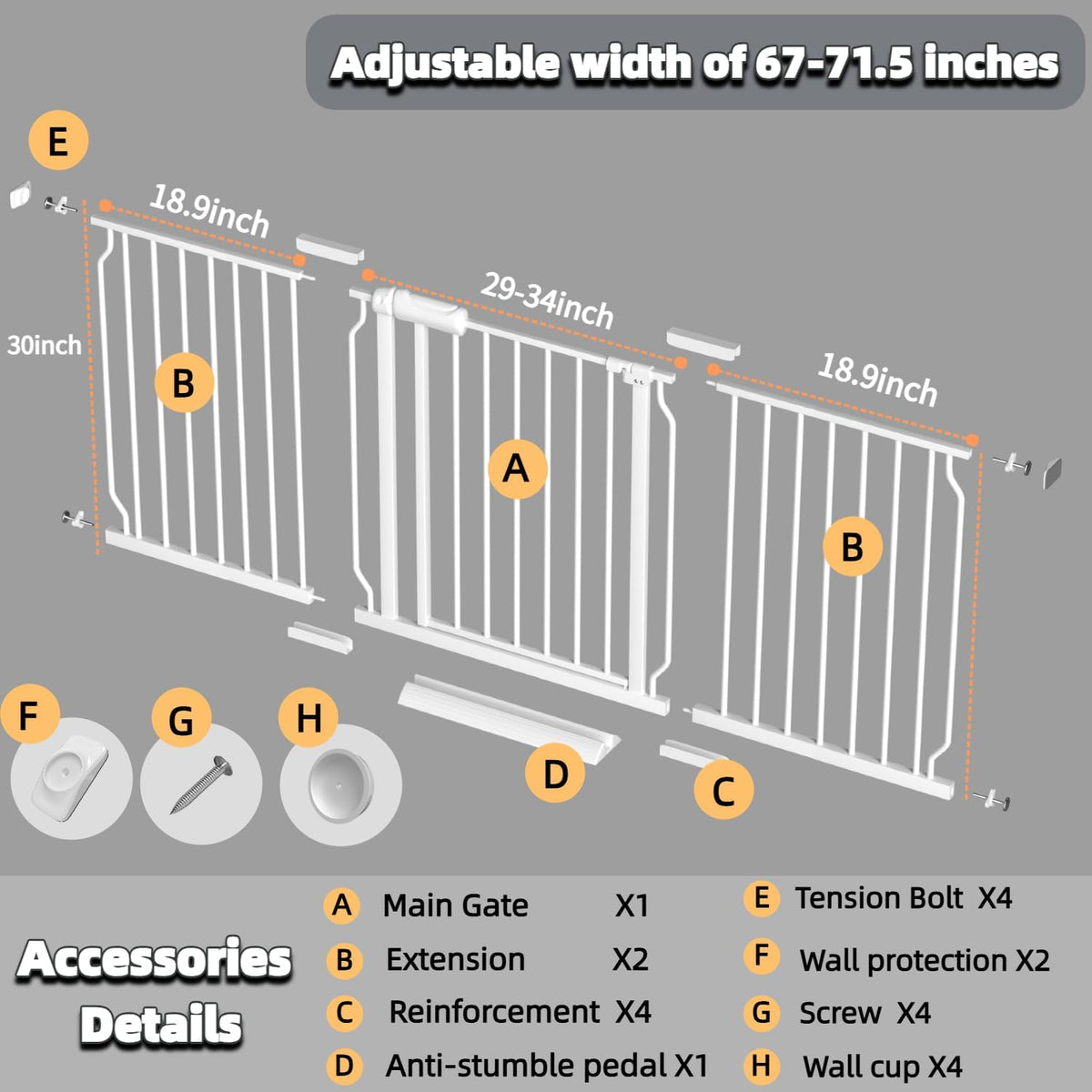 TSAYAWA Walk Through Baby Gate with Door,67-71.5 Inch Wide Presure Mounted No Drill Metal Auto