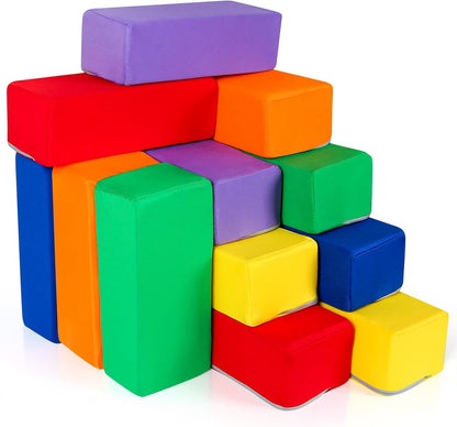 Toddler Foam Buliding Blocks - 12 Piece Fabric Covered 9x4x3inch Stacking Block Sets - Colourful