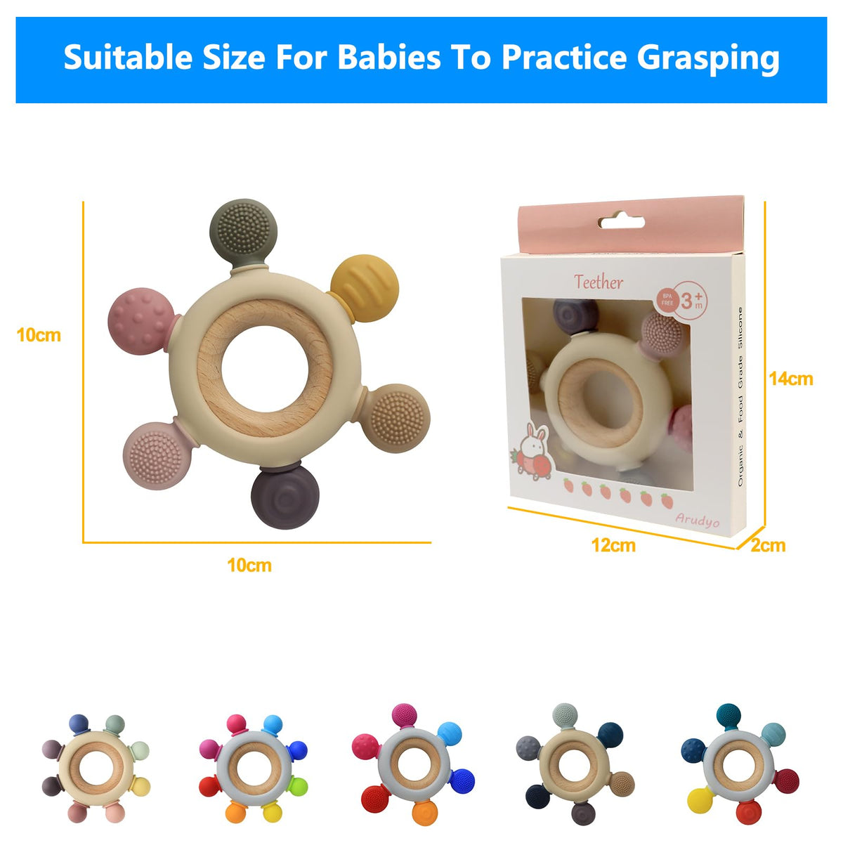 Arudyo Baby Teething Toys Silicone Teethers BPA Free Silicone Rudder with Wooden Ring Soothe Babies