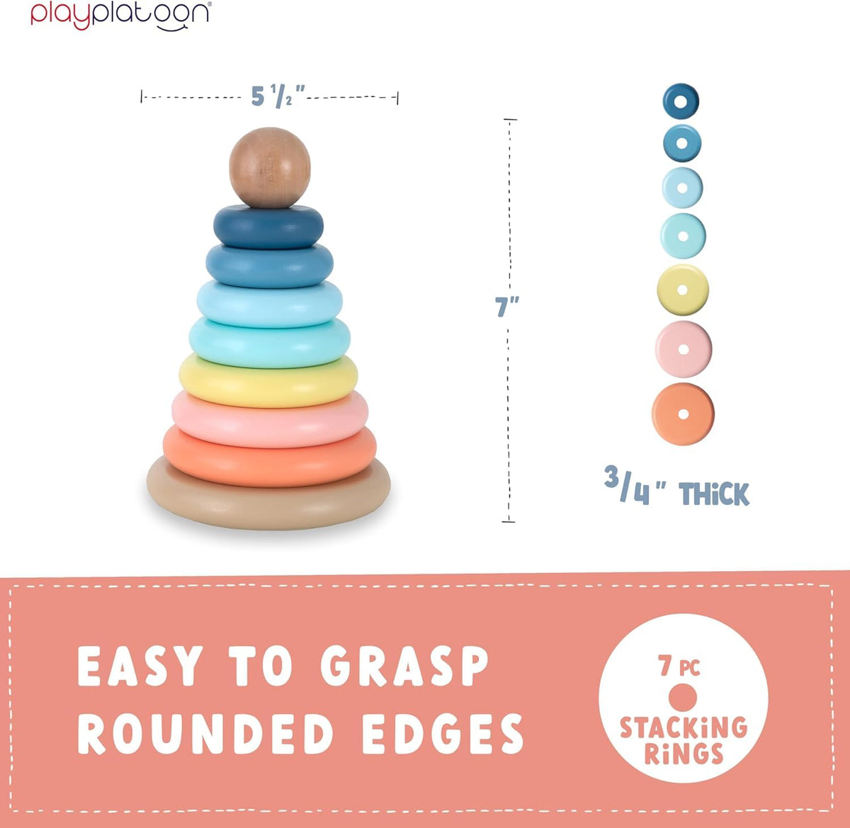 Play Platoon Wooden Rainbow Stacking Toy Ring Stacker, Educational Interactive Learning Toys