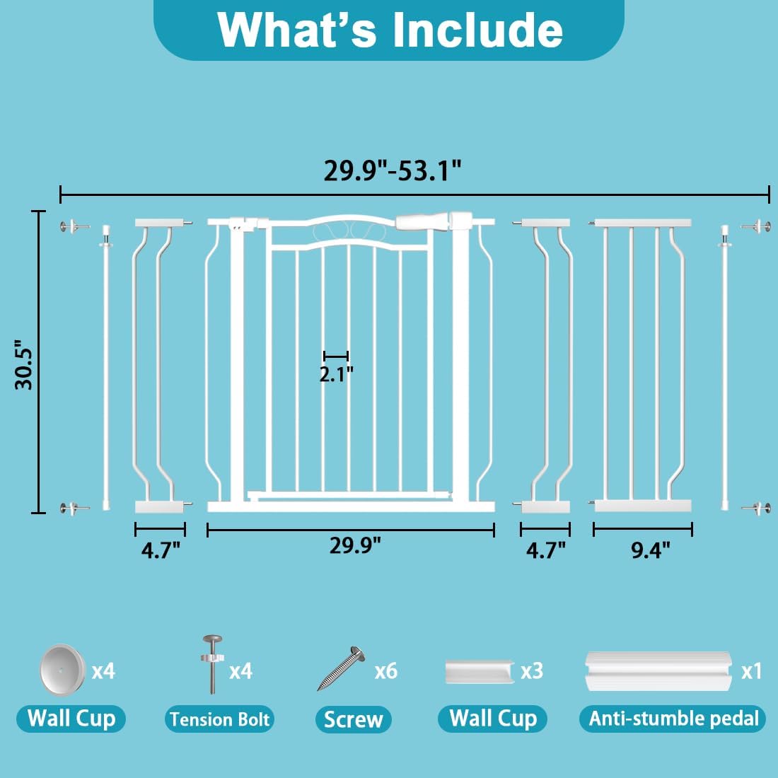 Extra Wide Baby Gate for Doorways 29.9"-53.1", Pressure Mounted Dog Gates With Door, Child Safety