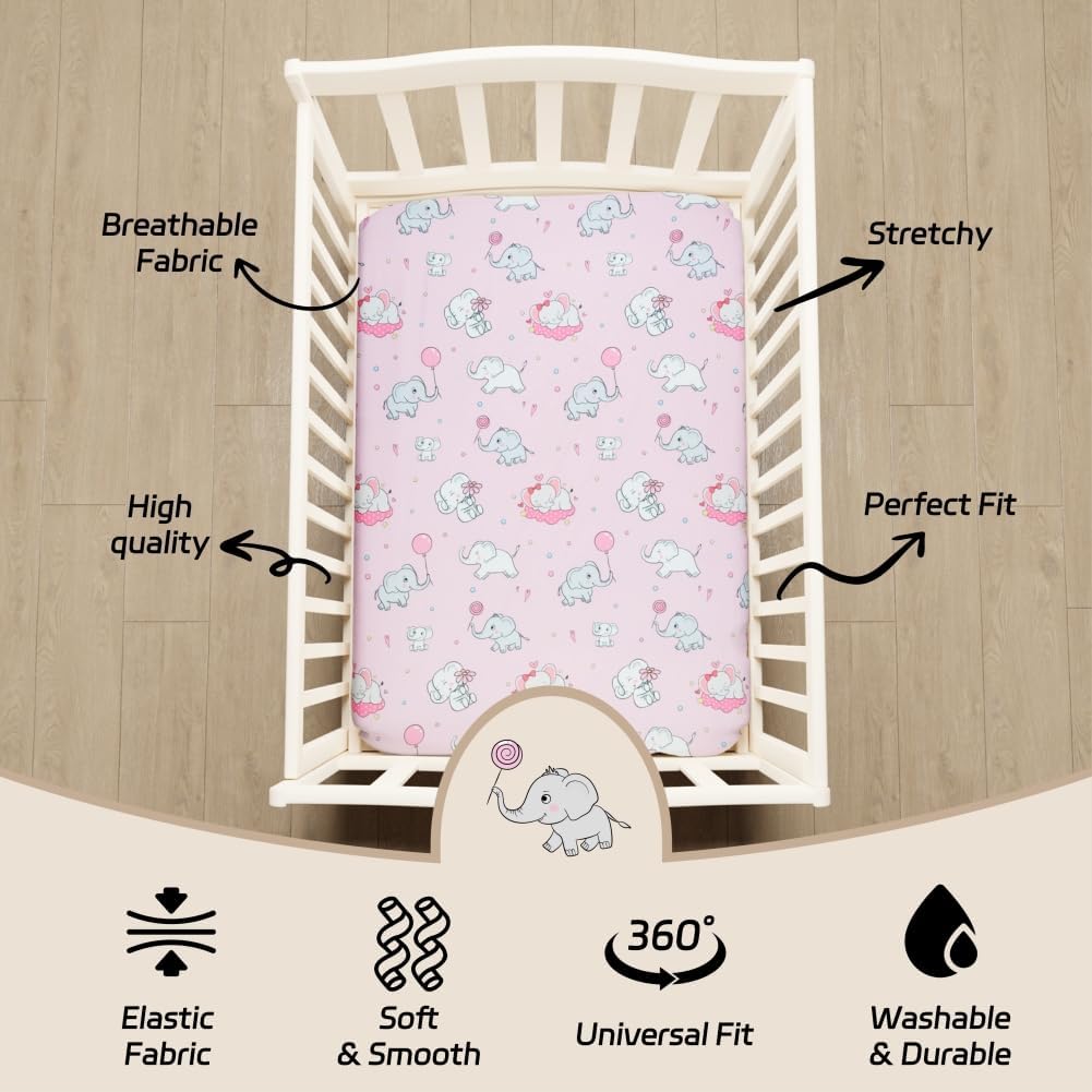 4 Pack Baby Girl Pack N Play Mini Crib Sheets Set Soft Fitted Elephant Theme Baby Girl Mattress