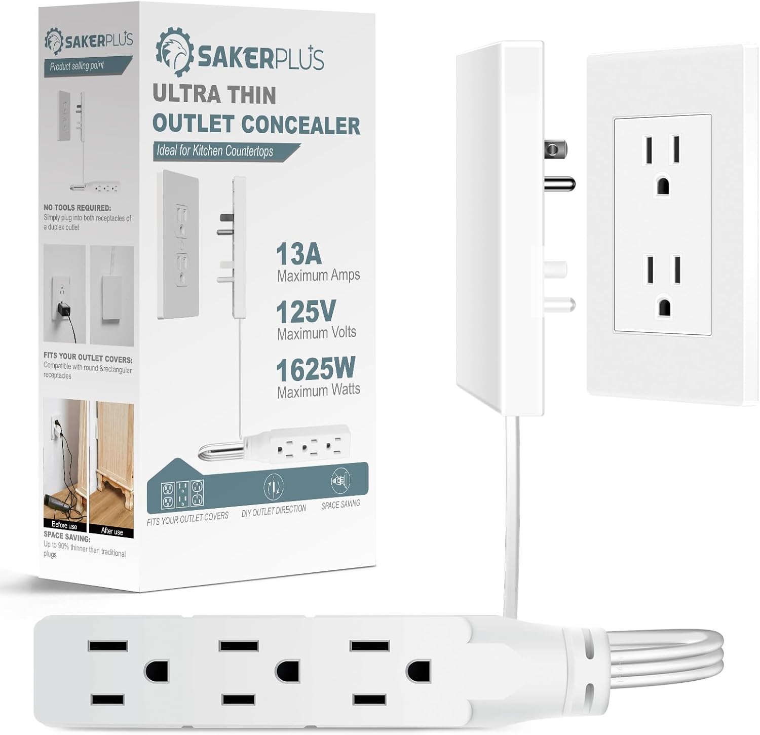 Outlet Concealer Power Strip | 5ft Flat Extension Cord | Ultra-Thin Outlet Cover Extension Cord