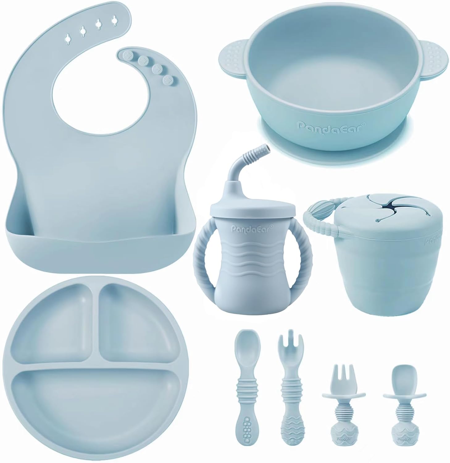 PandaEar Silicone Baby Feeding Set | 9PCS Baby Led Weaning Supplies Self Feeding Utensils | Divided