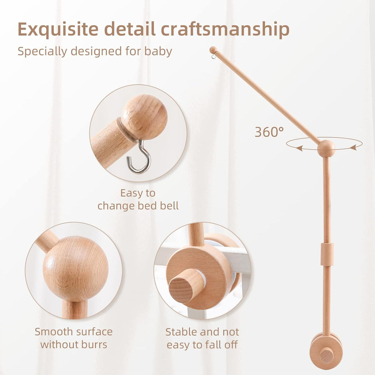Baby Crib Mobile Arm - Wooden Baby Mobile Crib Holder 31 inch for Mobile Hanging Baby Crib