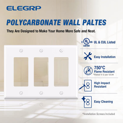 ELEGRP 3-Gang Decorative Wall Plates, Mid-Size 4.88" H x 6.75" L Unbreakable Thermoplastic
