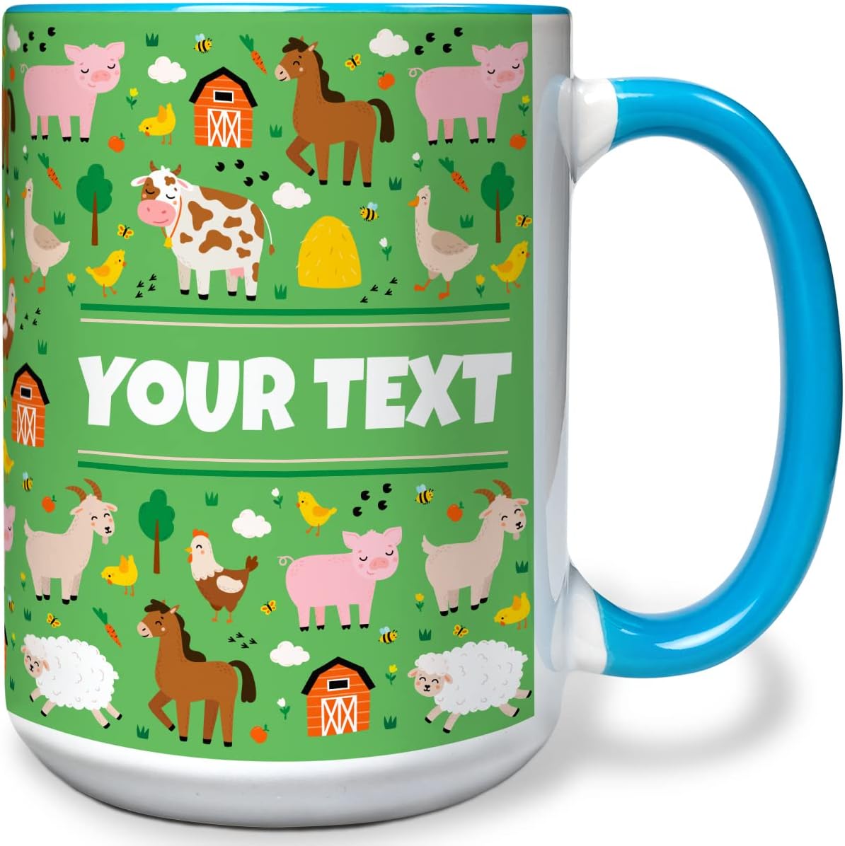 Personalized Mug for Kids - Farm Animals - Custom Name/Text, Ceramic Hot Chocolate/Cocoa/Coffee Cup