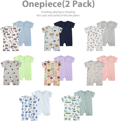 Teach Leanbh Unisex Baby 2 Pack Pajamas Cotton Short Sleeve 2 Way Zipper Printing Soild Romper