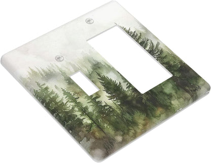 Outlet Covers Green Forest Watercolor Painting Foggy Pine 1 Toggle 1 Rocker Combination Decorative