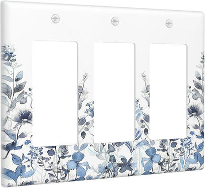 Light Switch Covers Light Blue Watercolor Leaves Plant With Floral 3 Gang Rocker Electrical GFCI