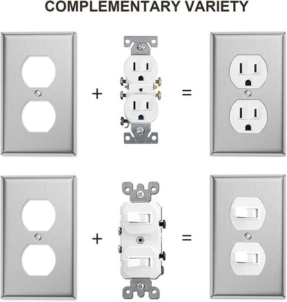 10-Pack Single Duplex Wall Switch Plate Outlet Cover - Stainless Steel Decorator Receptacle Outlet