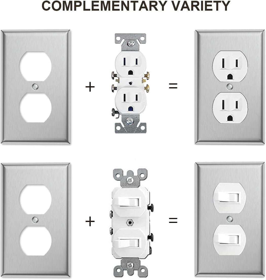 4-Pack Single Duplex Wall Switch Plate Outlet Cover - Stainless Steel Decorator Receptacle Outlet