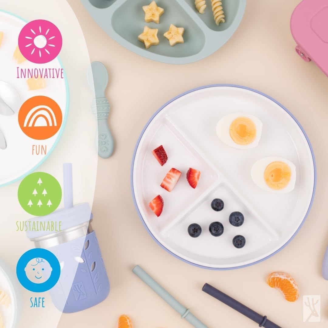 Elk and Friends Kids 7.8” Porcelain Divided Plates with Silicone Sleeves + Lids | Suitable for