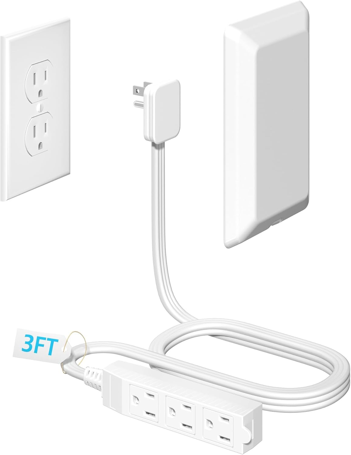 3FT Flat Plug Extension Cord with Outlet Covers Baby Proofing,Ultra Thin Outlet Concealer with Cord