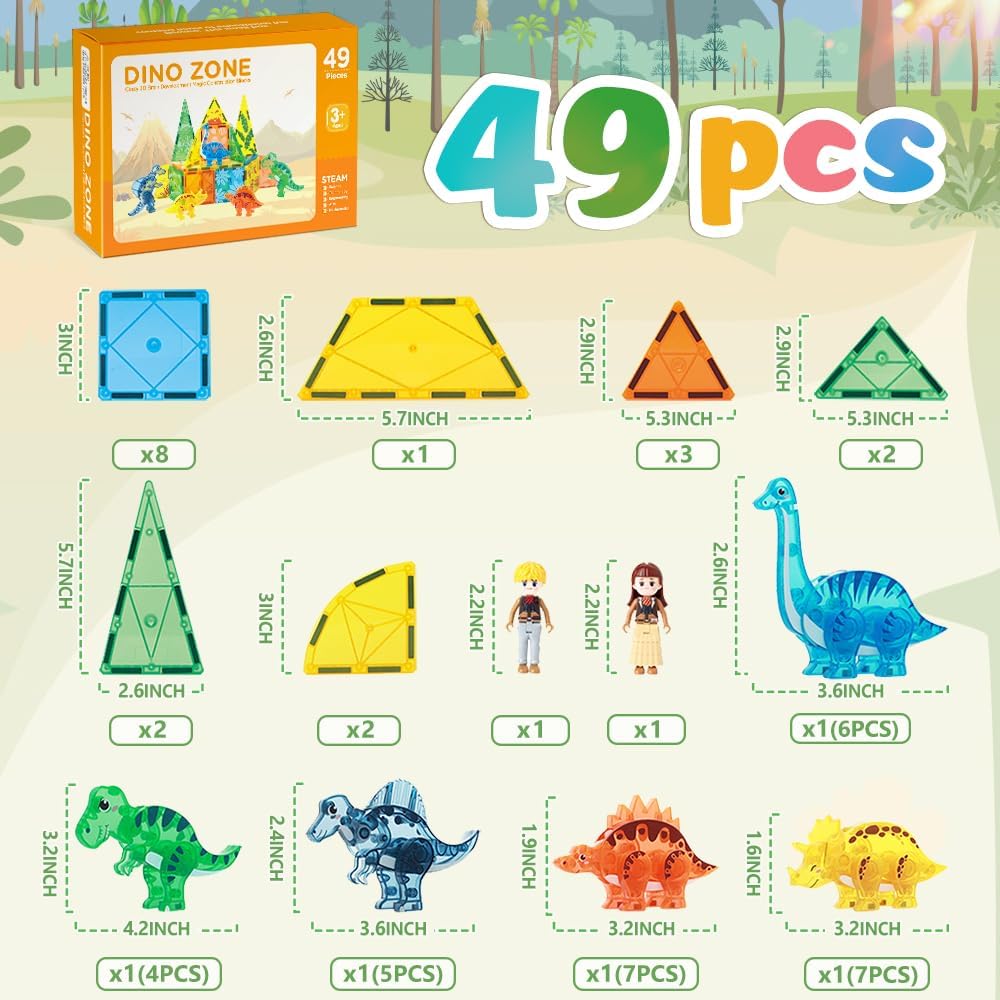 Dinosaur Magnetic Tiles,Animals Magnet Building Blocks Toys Dino World,3D STEM Educational Magnet