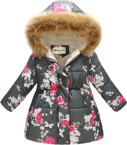 Miss Bei Girl's Winter Coat Jacket Hooded Kids Toddler Flower Print Parka Outwear Warm Cotton
