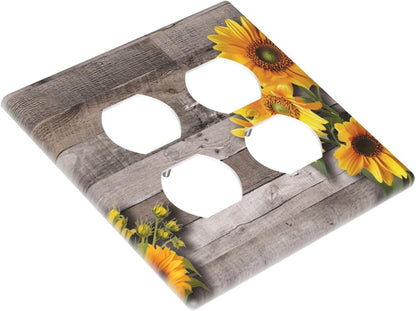 Sunflower Rustic Brown Gray Wood Outlet Covers 2 Gang Double Duplex Decorative Light Switch Covers