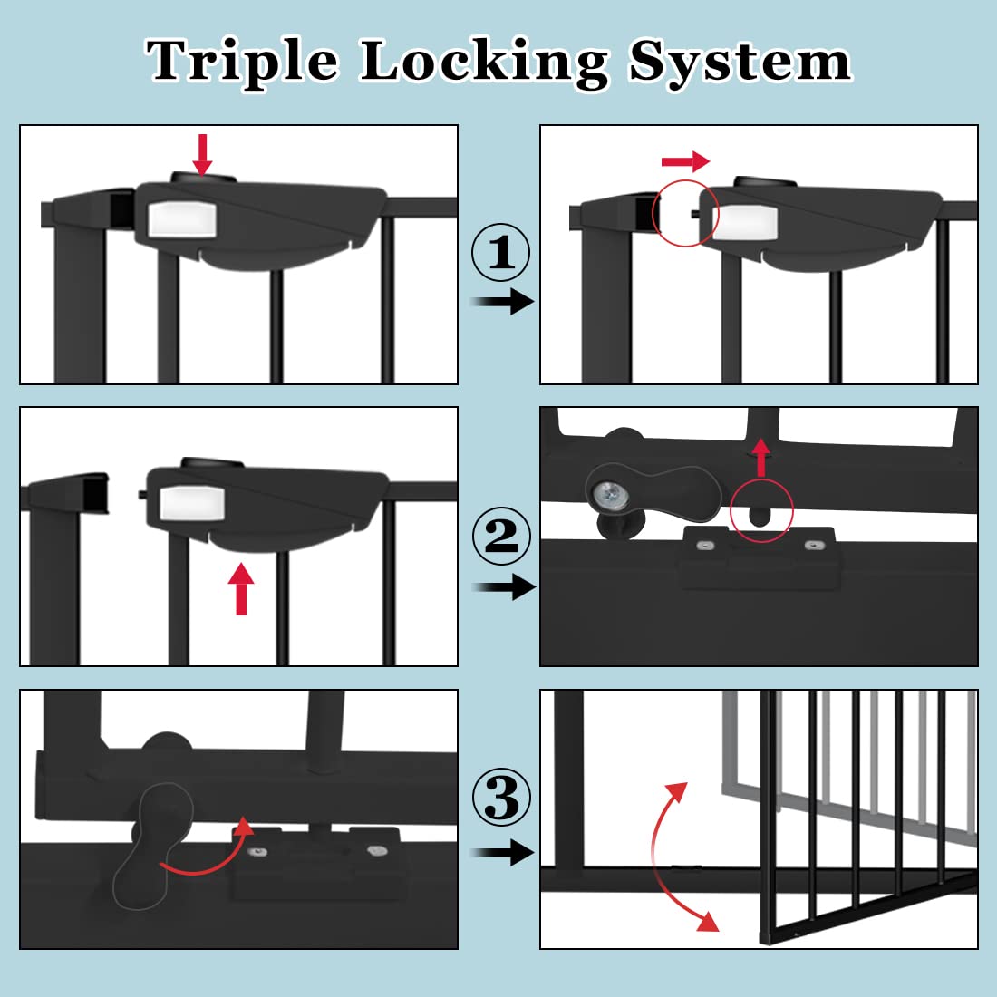 WAOWAO Triple Lock Baby Gate Extra Wide 57.87-62.59" Pressure Mounted Walk Through Swing Auto Close
