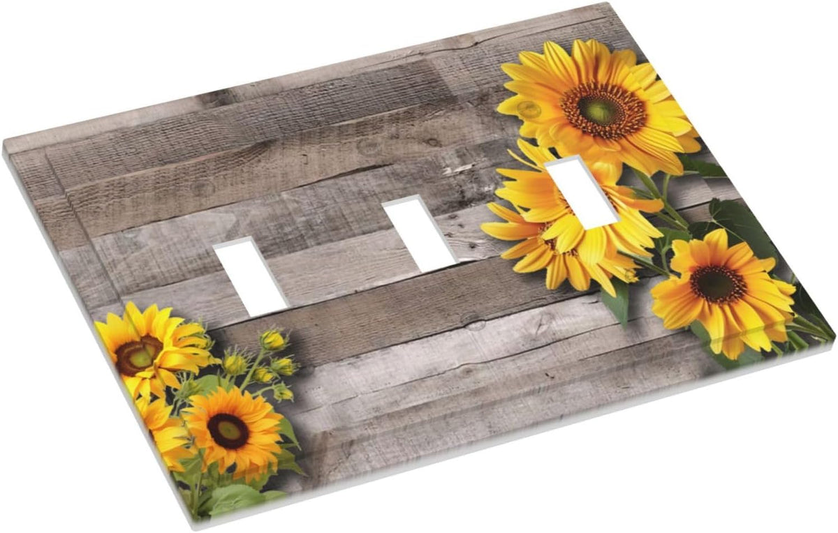 Sunflower Rustic Brown Gray Wood Decorative Switch Plates 3 Gang Wall Plate Triple Toggle Light