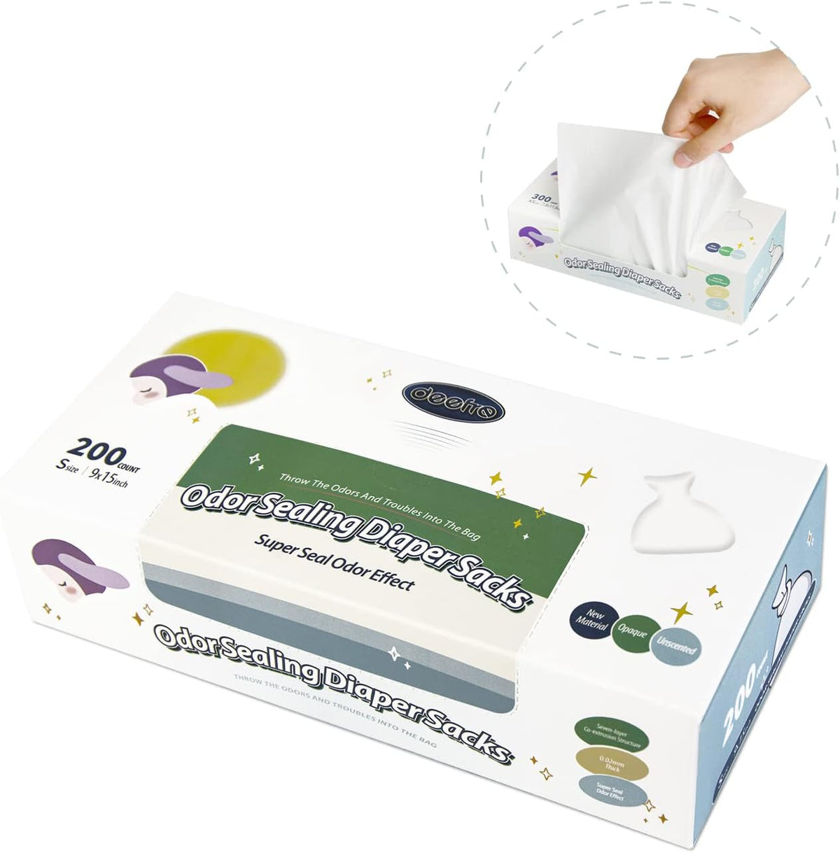 Odor Sealing Disposable Diaper Bags, 200 Count, White, Large Capacity, Unscented Diaper Trash Bags