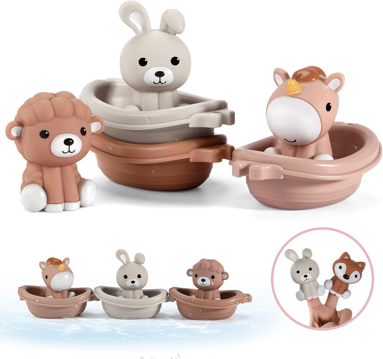 Nueplay Bathtub Toys for Toddlers 18M+，Baby Bath Toys with Animal Finger Puppets，Stackable Boat
