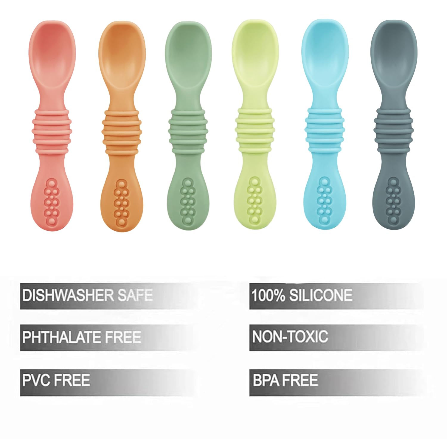 PandaEar 6 Pack Silicone Baby Spoons - Self Feeding Utensils 6-12 Months - Infant Spoons First