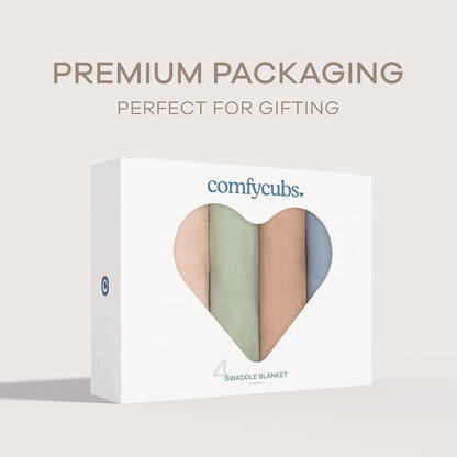 Comfy Cubs Muslin Swaddle Blankets Pack of 4, 47 x 47 Inches, Soft Cotton Baby Blanket Set, Large