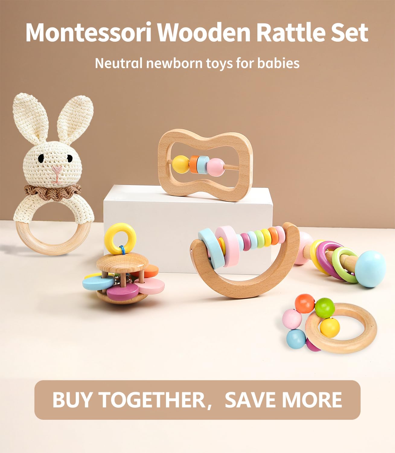 6 PCS Wooden Baby Rattle, Organic Colorful Baby Hand Rattles Set, Wood Rattles for Babies 0-6-12