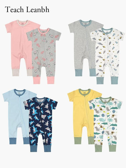 Teach Leanbh Baby Boys Girls 2 Pack 2 Way Zipper Footless Pajamas Cotton Short Sleeve Printing