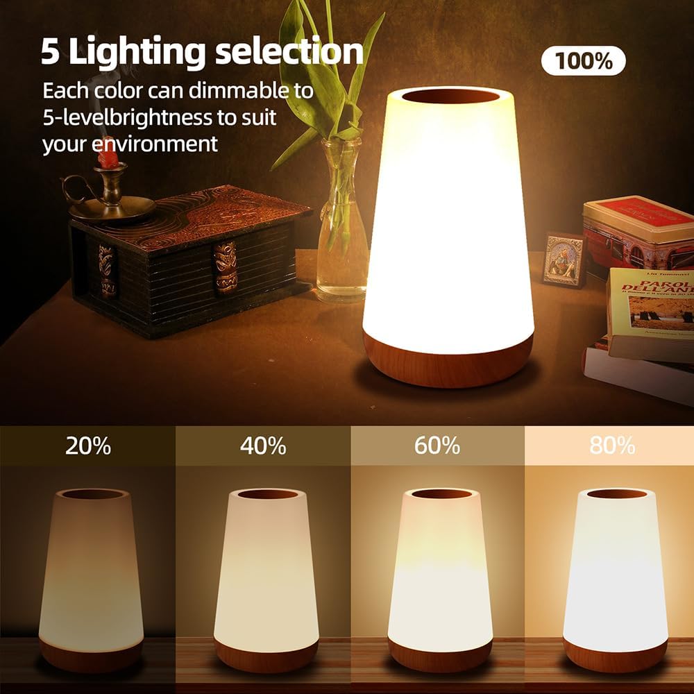 Luxxflour Night Light Lamp, Dimmable Touch Lamp for Bedroom, Portable Table Bedside Lamp, 5