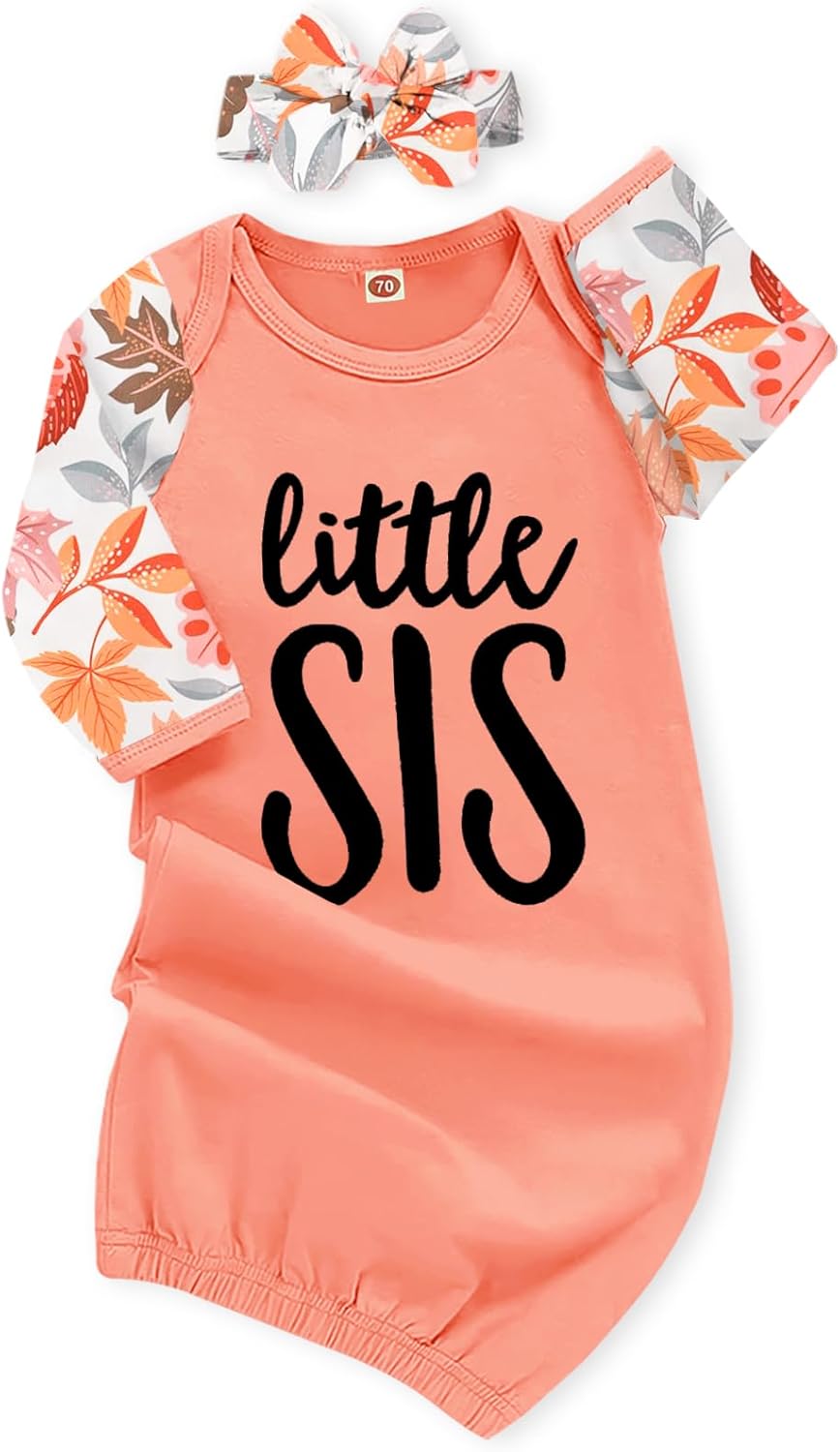 AMAWMW Newborn Baby Girl Little Sister Sleeper Gown Stripe Long Sleeve Nightgown Pajamas Gifts
