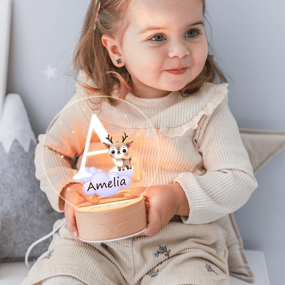 callie Acrylic Night Light Name Plate Personalized, Custom Cute Forest Animals with Wooden Base