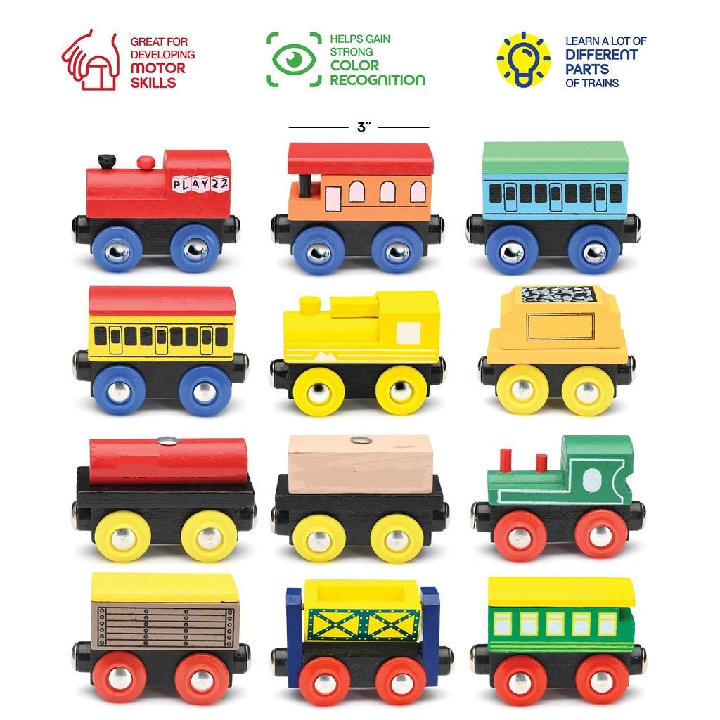 Wooden Train Set 12 PCS - Train Toys Magnetic Set Includes 3 Engines - Toy Train Sets For Kids