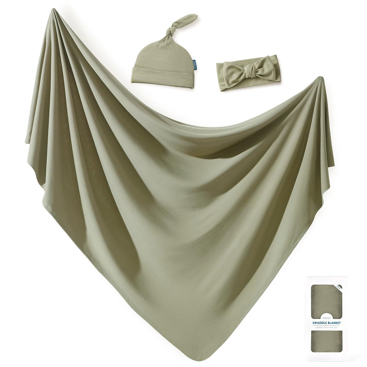 GRSSDER Newborn Swaddle Blanket, Ultra Soft Jersey Receiving Blanket with Matching Headband and