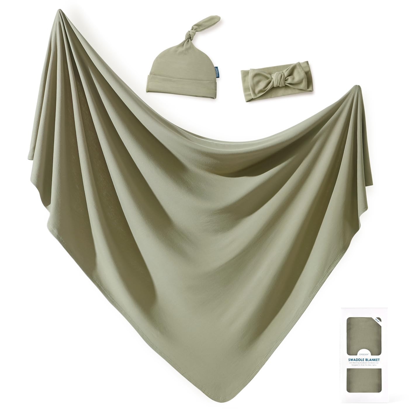 GRSSDER Newborn Swaddle Blanket, Ultra Soft Jersey Receiving Blanket with Matching Headband and