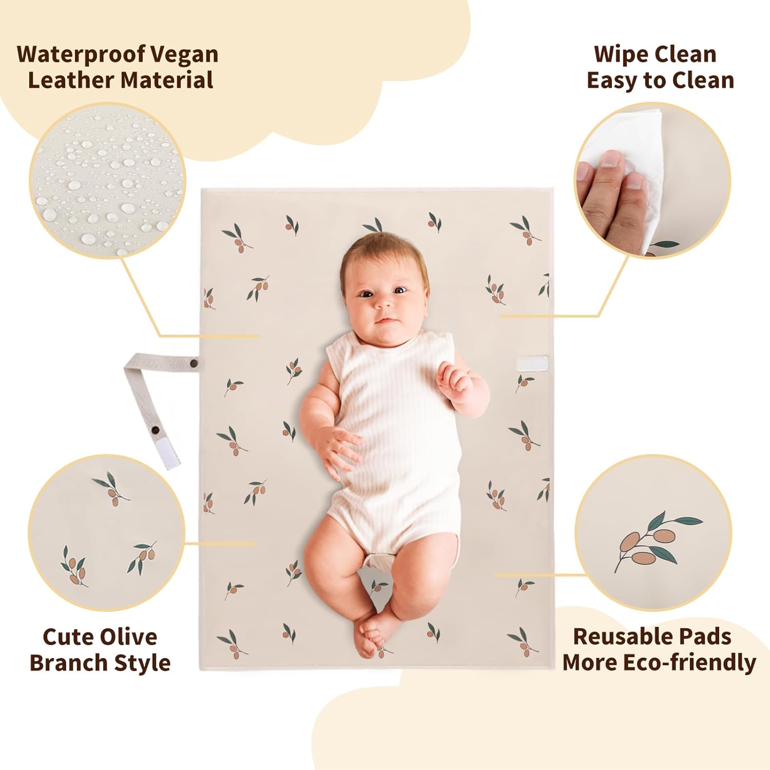 Vegan Leather Portable Changing Pad - Waterproof Compact Baby Changing Mat - Foldable Travel Diaper