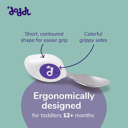 doddl Toddler Utensils, Ergonomic Fork and Spoon Set for Self Feeding, Stainless Steel Silverware