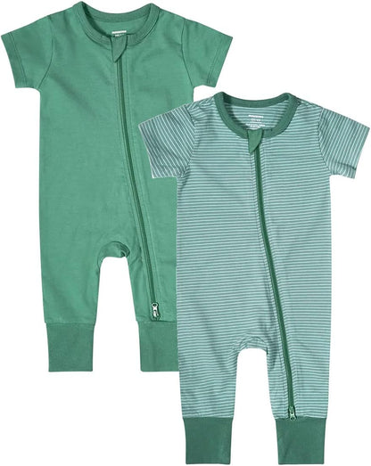 Teach Leanbh Baby Boys Girls 2-Pack Romper Jumpsuits Cotton 2 Way Zipper Short Sleeve Footless