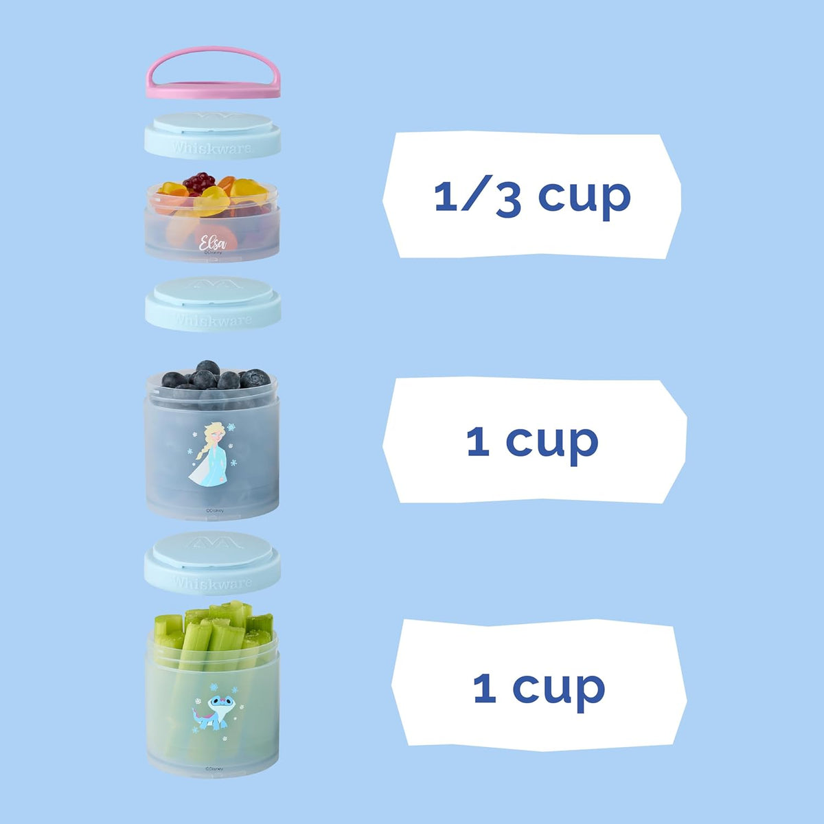 Whiskware Disney Princess Frozen, Stackable Snack Containers for Kids, 3 Stackable Snack Cups for