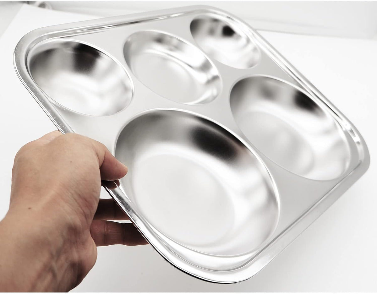 Korean Stainless Steel Divided Plates, Food Grade 304 Tray Large Size for Adults, Teens, Picky