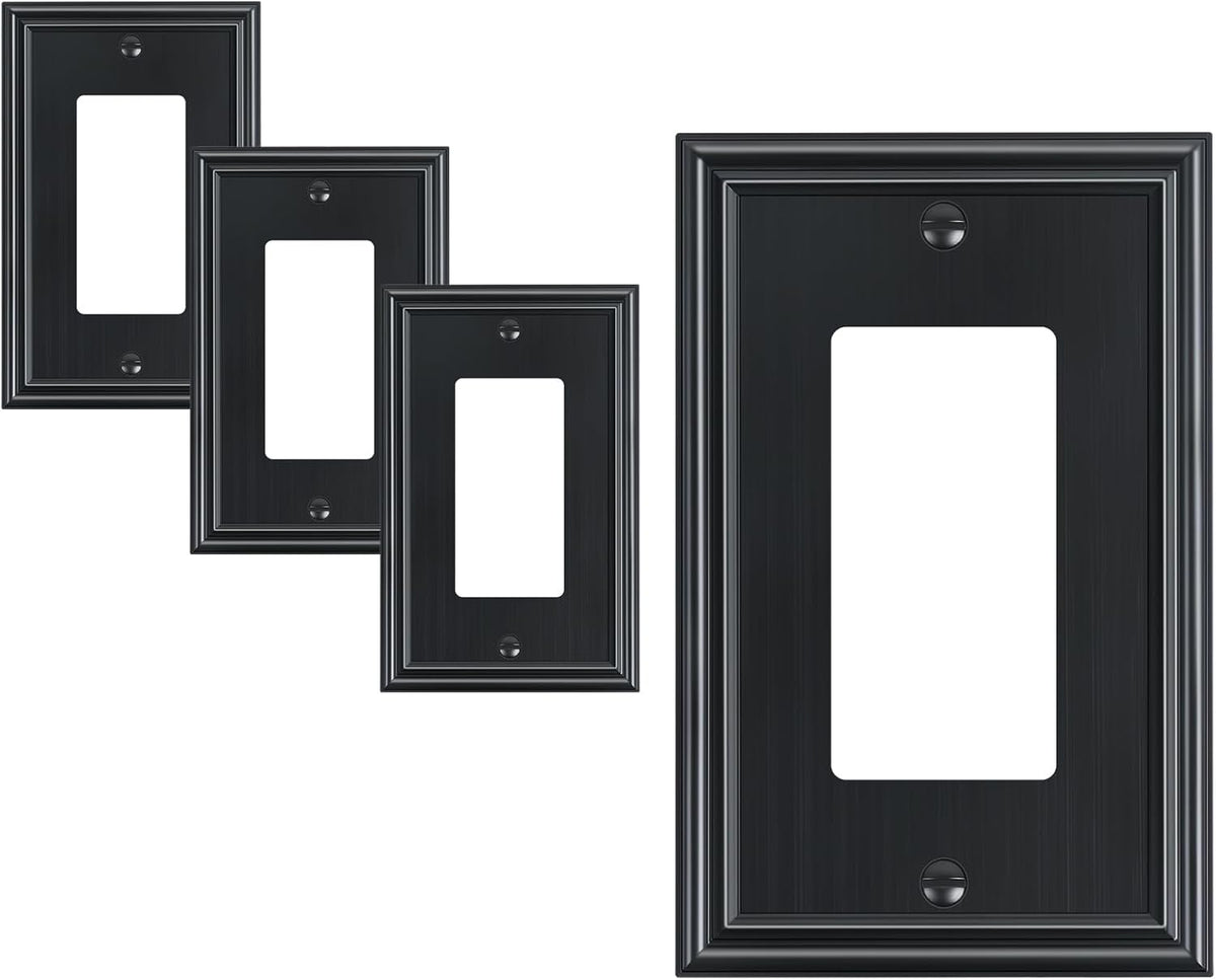 TREWELL 4-Pack Black Decorative Switch Plates and Outlet Covers, Durable Zinc Alloy, Compatible