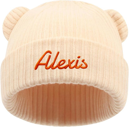 Personalized Baby Beanies Hats, Custom Embroidered Name Knitted Toddler Winter Bear Ear Hat