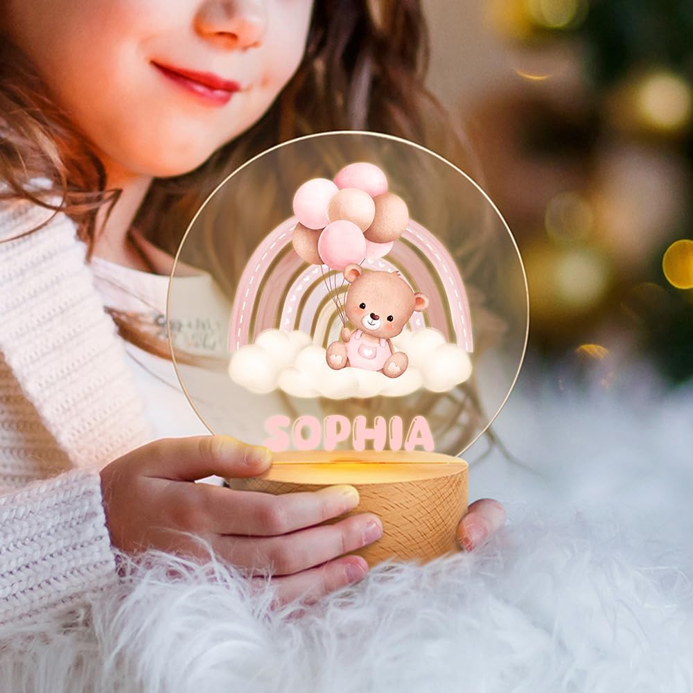 callie Acrylic Night Light Name Plate Personalized, Custom Cute Sleep Bear with Wooden Base Bedroom