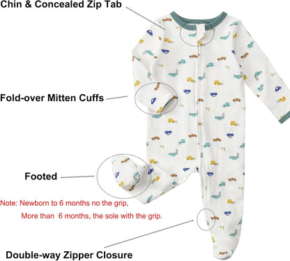 Aablexema Baby Footed Pajamas with Mitten Cuffs Zipper 4-Pack Infant Newborn Cotton Long Sleeve